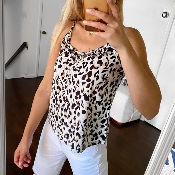 π EKSEPT BOHO IVORY BLACK LEOPARD PRINT RUFFLE DETAIL SUMMER TOP! - Picture 2 of 11